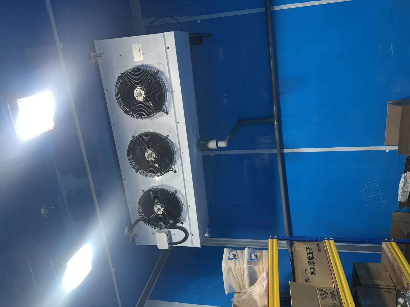 Blue-panel freezer room with a triple-fan evaporator